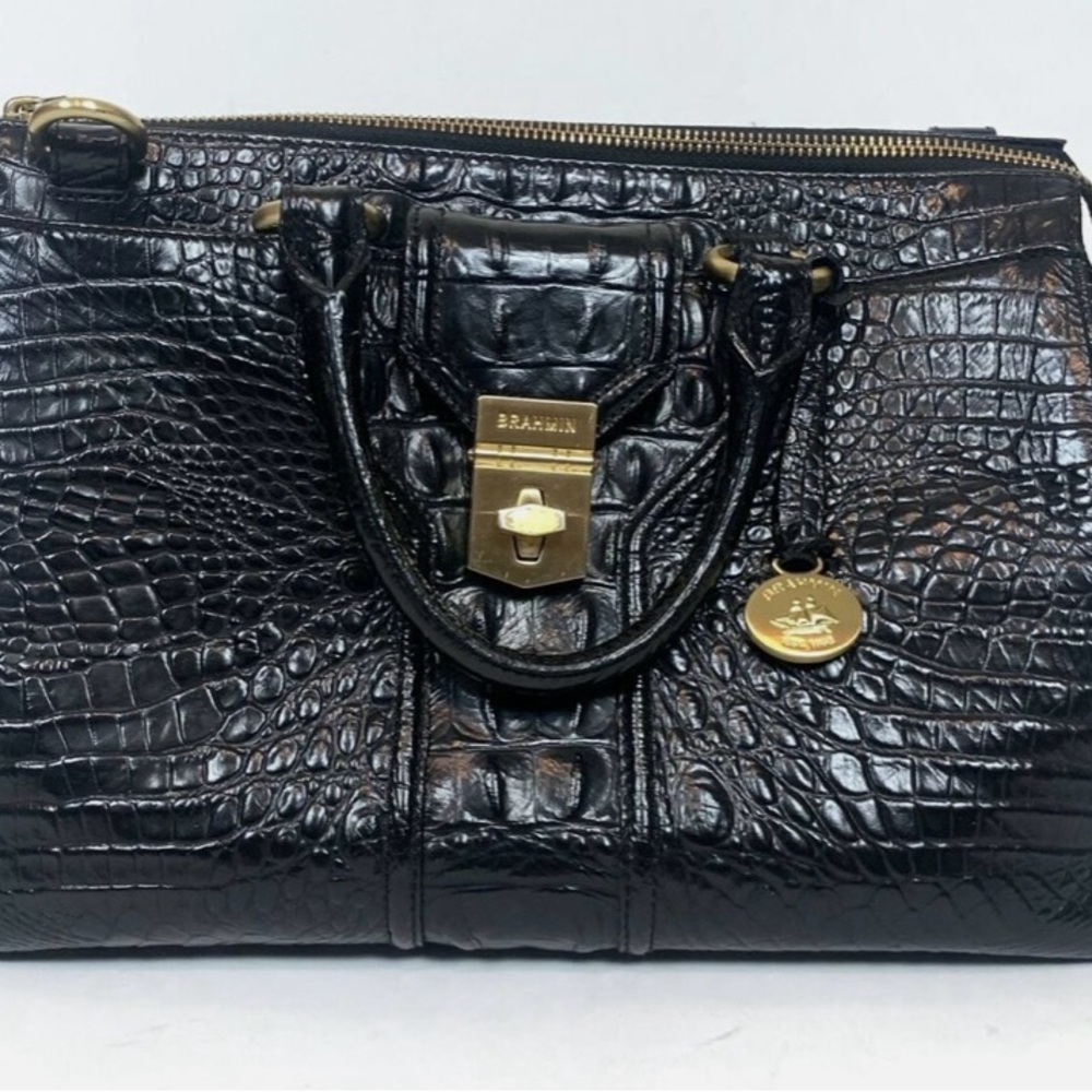 Brahmin Glossy Black Crocodile Satchel